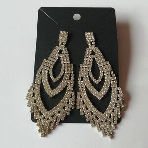Luxe Rhinestone Chandelier Long Drop Silvertone Earrings